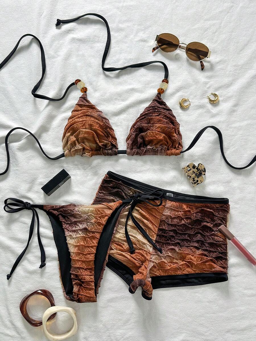 EgrlEra 女士扎染提花面料露背性感比基尼三件套，沙滩度假 - 彩色 - 查看 1