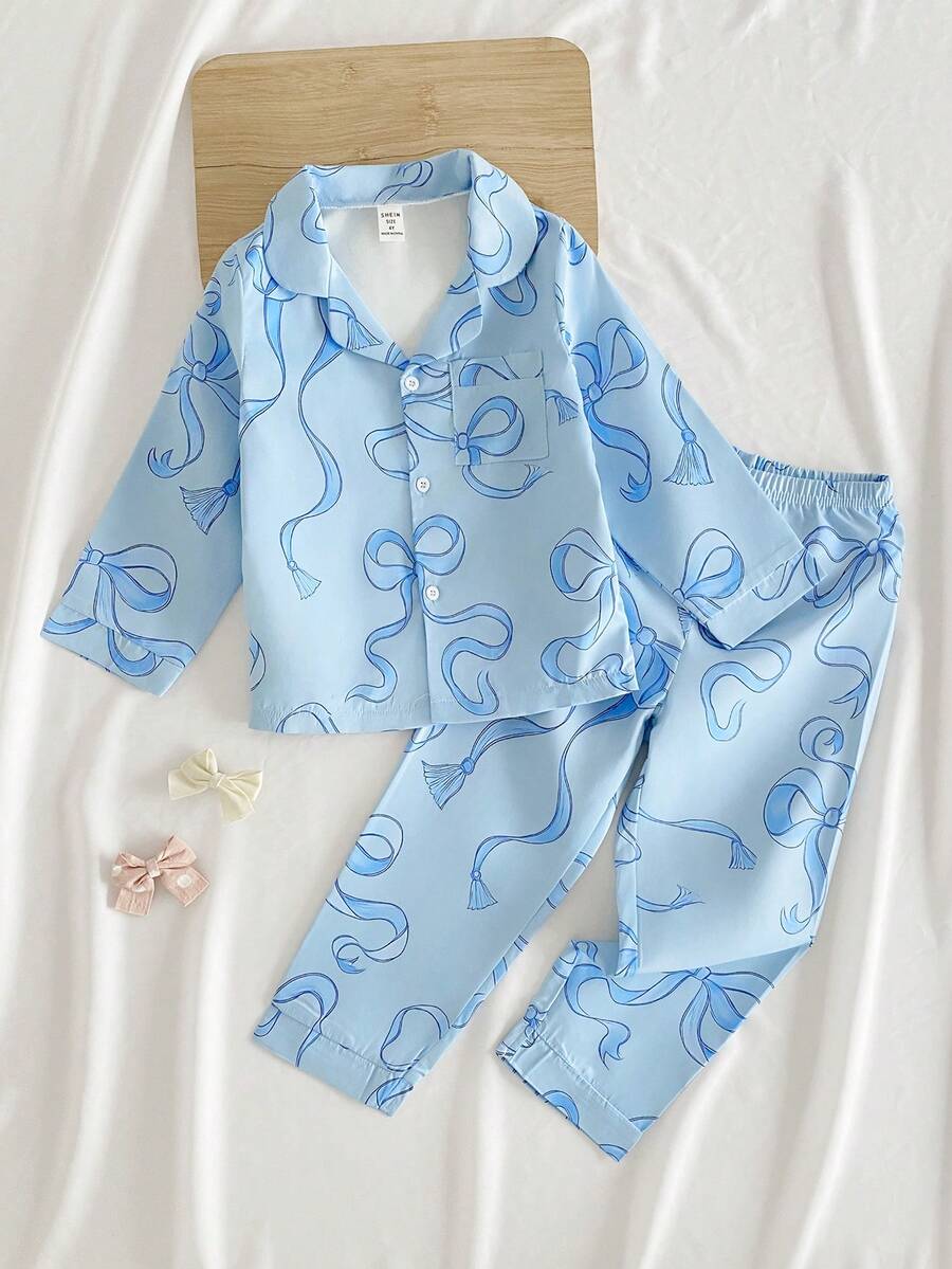 SHEIN 2件組藍色秋季仙女之夜睡衣套裝,蝴蝶結印花長袖上衣與鬆緊腰長褲居家服,可愛少女居家休閒服 2026新年必備 - 淺藍色 - 查看 1