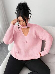 Elenzga Áo len dài tay cổ tròn choker móc vai màu trơn thanh lịch dành cho nữ cỡ lớn, thích hợp cho ngày Valentine, mùa Thu/Đông. - Hồng - Xem 6