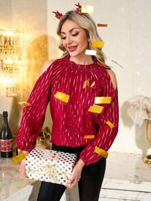 SHEIN Clasi 女式条纹露肩宽松时尚优雅衬衫 - 酒紅色 - 查看 8