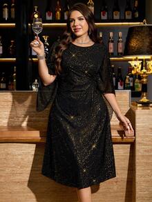 Gownix Đầm suông tay lỡ cổ tròn, eo nhún cỡ lớn - Vàng - Xem 4