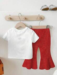Baby Girls' Red Denim-Look T-Shirt Set With Heart Print Flare Pants, Cute & Lively Letter Graphic, Versatile All-Match 2-Piece Outfit, Suitable For Outings, Spring/Winter - Multicolor - View 2