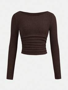 SHEIN 少女圆领褶皱腰长袖T恤和阔腿裤套装 - 棕色 - 查看 4