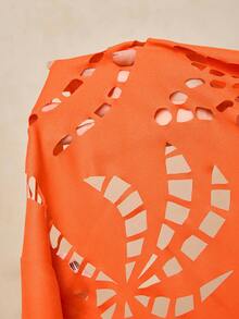 Travachic Plus Size Women Orange Maxi Dress, Round Neck Long Sleeve Embroidered Hollow Out Waist Cinched A-Line Dress, Romantic Date Travel Dress For Early Spring Casual Dress For Women Orange Dress