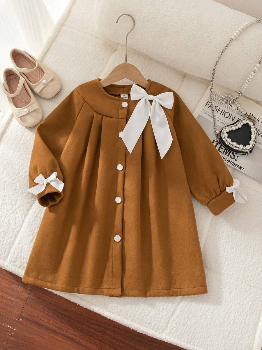 Elladie kids 1件女童冬季新款2025韩版中长款外套，圆领开襟宽松长袖，可拆卸蝴蝶结袖口和领子，优雅时尚街头风简约风衣 - 棕色 - 查看 1