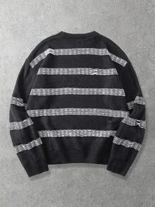 ROMWE MEN 男士条纹圆领长袖套头毛衣 - 黑色 - 查看 2