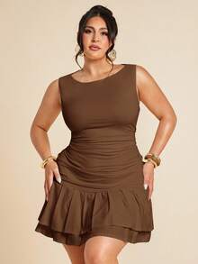 SHEIN BAE Váy ngắn hai lớp nhún bèo không tay màu trắng ôm sát cỡ lớn dành cho nữ, phù hợp cho mùa hè, thu/đông, váy xanh lá cây xô thơm - màu nâu - Xem 3