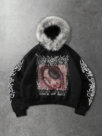 Felpa con cappuccio casual da uomo con motivo ad occhio, versatile per il pendolarismo, autunno/inverno