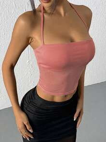 EgrlEra Women's Lace Mesh Patchwork Halter Casual Tank Top - Pink - View 6