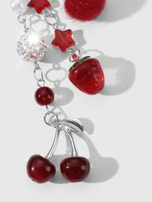 ROMWE Kawaii 1pc Y2K Chic Elegant High-Quality Silver Chain Star Dice Ribbon Bow Crystal Wing Heart Cherry Pendant Keychain, Suitable For Women/Girls Daily Wear, Holiday Gift - Burgundy-63 - View 7