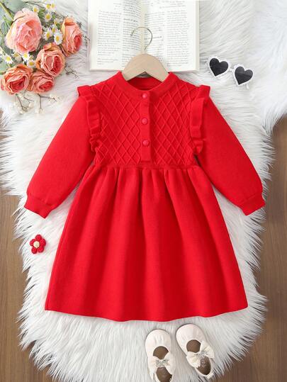 SHEIN Đầm len dài tay cho bé gái, thích hợp cho mùa thu/đông, màu hồng và hồng nhạt, đa năng, cổ áo xếp ly thanh lịch, có họa tiết, thời trang, dễ thương, thích hợp cho đi học, mặc hàng ngày, ở nhà, ngoài trời, du lịch. Đầm đỏ cho bé gái, đầm mùa xuân và mùa thu, đầm mùa thu và mùa đông cho bé gái.