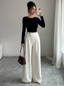 Elenzga Women's Solid Color Button Pleated Fashionable Versatile Commuter Casual Wide Leg Pants - Beige - View 5