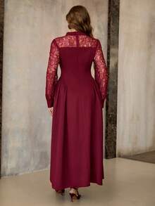 Roveilla Đầm Maxi Tay Dài Cổ Tròn Phối Ren Cỡ Lớn Mùa Xuân, Thu & Đông Phong Cách Pháp Lãng Mạn Sicily Thanh Lịch Thường Ngày Đi Làm Kỳ Nghỉ Trà Chiều Giáng Sinh Sang Trọng Tiệc Tùng Màu Trơn Ren Chắp Vá Cổ Tròn Cổ Đứng Khoét Rỗng Eo Xòe Viền Tay Dài - Đỏ - Xem 2