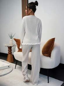 SAYEHFBABY Southern France Elegant Lace Patchwork Textured Knit Pajama Set For Women Ruffle Pajama Set  Cozy And Elegant Details, Fall Clothes - Beige - View 2