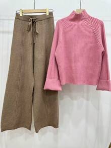 Chiquease 杏色女士针织毛衣两件套，罗纹奶油色套头衫和裤子，休闲简约风。 - 彩色 - 查看 4
