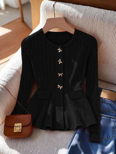 GlowEve Autumn/Winter New Elegant Chic Minimalist Atmospheric Hollow Round Neck Long Sleeve Ruffle Hem Pocket Metal Bow Button Twist Texture Women Sweater