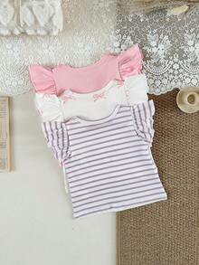 SHEIN Playful Pals 3件組女嬰夏季服裝可愛粉白條紋荷葉邊套頭T恤返校季畢業季3M-3Y時尚穿搭 - 彩色 - 查看 2