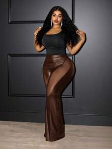 Slaydiva Autumn/Winter New Elegant & Party & Streetwear & Casual & Date & Music Festival & Y2K Sexy Fitted Solid Black Sheer Mesh Patchwork Flare Pants, Plus Size - G - Brown - View 9