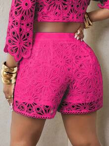 Maweii 大码女式镂空花卉拼接休闲百搭度假约会短裤 - 粉色 - 查看 2
