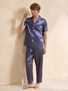 EverLounge Men's Contrast Trim Button Front Short Sleeve Top And Pants Pajama Set - Light Grey - View 4