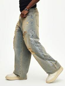 ROMWE MEN Street Life Men's Letter Embroidered Pocket Distressed Washed Slim Fit Jeans - Blue - View 6