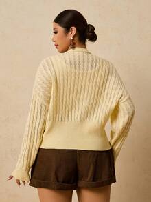 SHEIN VCAY Plus Size Casual Solid Color Drop Shoulder Cardigan, Autumn/Winter - Light Yellow - View 2