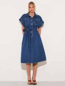 COSMINA Denim Vestido vaquero de manga corta con botones frontales, bolsillos y cintura con lazo, vestido vaquero elegante para ir al trabajo, vestido vaquero azul de manga corta, vestido vaquero casual para salidas y compras, vestido vaquero holgado, ajuste favorecedor, vestido vaquero para primavera/verano - Azul - Ver 5