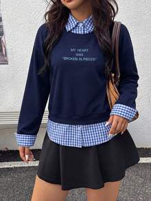 Rina Fox sweat-shirt décontracté à manches longues 2 en 1 avec col chemise, imprimé de slogan et patchwork à carreaux, taille grande pour femmes