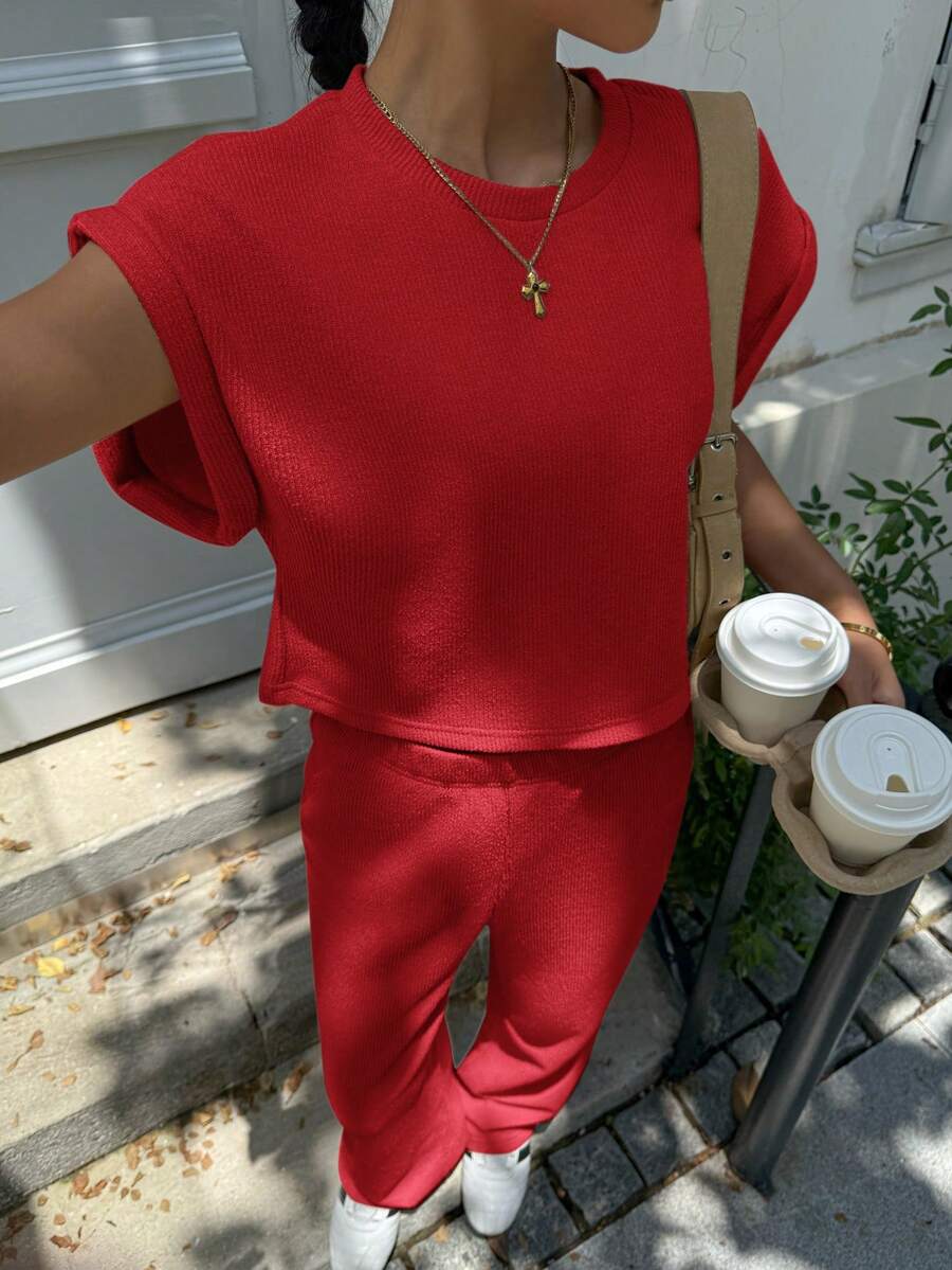 SHEIN EZwear 2pcs Women's Solid Color Round Neck Simple Casual Loose Top And Pants Set - Red - View 1