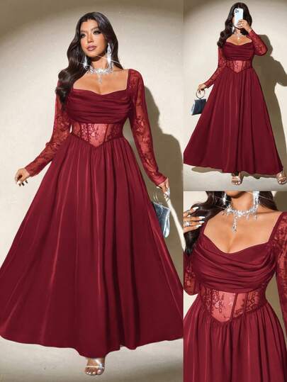 Viva Relle Plus Size Women's Draped Neck Long Sleeve Satin Lace Patchwork Hollow Out Midi A-Line Black Waist Dress, Elegant Vintage Casual Party Maxi Dress