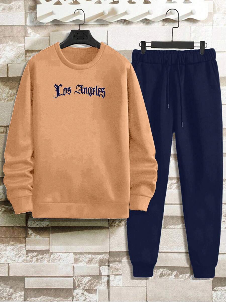 Cotton 2pcs/Set Men's Letter Printed Sweatshirt And Sweatpants Set - Camel - View 1