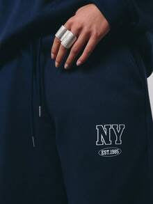 SURIMA 女士宽松露肩卫衣和阔腿运动裤两件套，加厚保暖内衬，适合秋冬季穿着 - 藏蓝色 - 查看 5