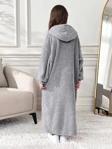 SHEIN 少女宽松休闲针织双面抓绒爱心刺绣连帽连衣裙 - 淺灰色 - 查看 5