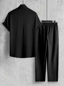 Manfinity Homme 男士黑色夏季休閒兩件套，單排扣短袖襯衫與抽繩長款亞麻長褲，老錢風度假約會日常穿著正裝 - 黑色 - 查看 2