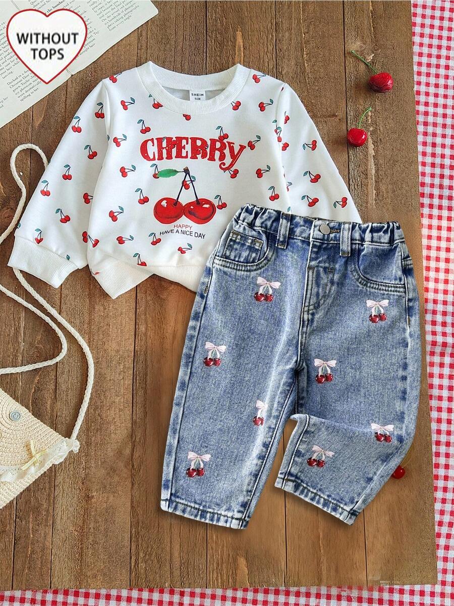 SHEIN BabyflickaKörsbärsmönster Blå Denim Lösa Utsvängda Byxor - Ljustvätt - Visa 1