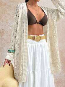 SHEIN Beige Open Knit Cardigan With Hollow Textured Pattern And Relaxed Fit Long Sleeves For Breezy Spring Layering - White - View 7