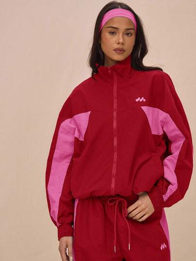 MUSERA Oversized Collared Nylon Track Jacket Contrast Panel Full Zip Through Top Only Spring The Book Shop Oversized Airport Sporty Festival Streetwear , Winter, Back To School Lounge Everyday Valentines Day