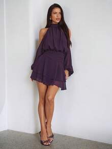 Aloruh Purple Red Long Sleeve Off-Shoulder Dress, Casual Commuter Elegant Dress With Small Stand Collar, Spring,Casual Dresses For Women,Vacation Outfits For Women,Elegant Dresses For Women,Birthday Party Dress,Wedding Guest Dress For Women,Valentine's Day Outfit,Spring Dress Women,Solid Color Dress,Mini Dress, Short Dress - Purple - View 6
