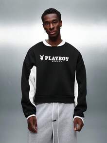 PLAYBOY X SUMWON 短款修身Logo圆领套头卫衣，撞色袖子和背部印花图案，打造休闲街头风。 - 黑色 - 查看 8