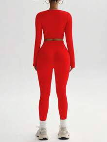 Slayform Women's Solid Color Minimalist Seamless Elastic Sports Set - Red - View 9