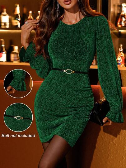 EMERY ROSE Autumn/Winter New Metallic Shiny Comet Fabric Round Neck Long Sleeve Casual Sexy Elegant Party Dress For Women, Suitable For Multiple Occasions