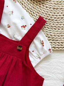 2pcs Baby Girls' Comfortable Casual Red Collar Cute Print Long Sleeve Top And Matching Red Suspender Skirt Dress Set, Versatile Countryside Style, Suitable For Spring/Autumn, Daily Wear, Home, Outdoor, Travel, School