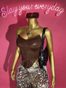 Slaydiva Women Two Pieces Set Chic Summer Night Out Club All Shades Of Brown Textured PU Tube Top Vest + High Waist Wide Leg Printed Trousers Birthday Outfit - Multicolor - View 5
