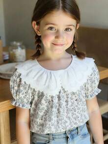 SHEIN Vintaside Kids 少女复古法式蕾丝领碎花泡泡袖衬衫，优雅公主风，适合春秋季穿着 - 白色 - 查看 7