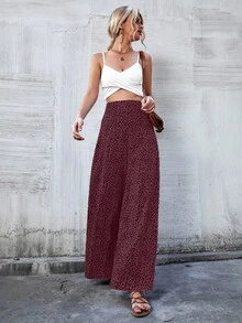 Breezaya Pantalones casuales de cintura alta con estampado de leopardo y ajuste holgado y versátil - Burdeos - Ver 4