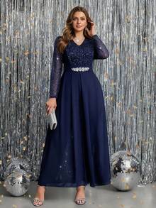 Ellevyn Plus Size Women's Sequin Mesh Patchwork Long Sleeve Waist Rhinestone Decor Elegant Jumpsuit - Navy Blue - View 4