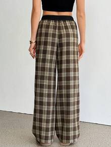 SHEIN Tall Quần ống rộng kẻ caro dáng rộng thoải mái cho nữ - màu nâu - Xem 2
