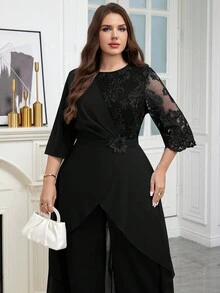 Reflora Plus Size Solid Color Round Neck Raglan Sleeve Waist Cinched Lace Patchwork Jumpsuit - Black - View 2