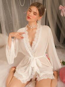 DelicateAllure 情人节性感网纱蕾丝边喇叭袖女士睡袍 - 白色 - 查看 5