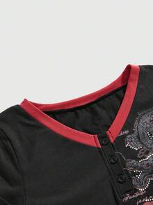 ROMWE Avant Women's Retro Chinese Style 2 In 1 Open Front Dragon & Cloud Print T-Shirt - Black - View 3